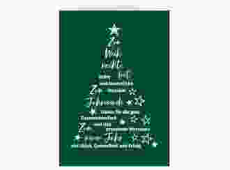 Geschäftliche Weihnachtskarte Oh Tannenbaum A6 Klappkarte hoch gruen mit Weihnachtsbaum aus Glückwünschen und Sternen