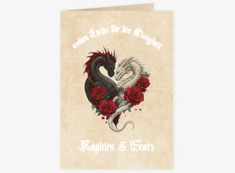 Einladungskarte Hochzeit Drachenliebe A6 Klappkarte hoch beige mit schwarzem und weißem Drachen zu einem Herz verschlungen