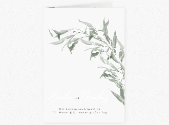 Klick: Details zu Danksagungskarte Hochzeit "Eucalyptus Green" anzeigen Danksagungskarte Hochzeit Eucalyptus Green A6 Klappkarte hoch weiss mit Gräsern und Trockenblumen für Boho-Hochzeit