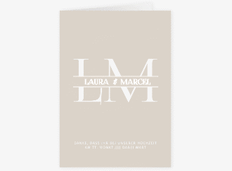 Danksagungskarte Hochzeit Monogramm A6 Klappkarte hoch beige in klassischem Design mit Initialen des Brautpaars
