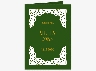 Klick: Details zu Dankeskarte Hochzeit "Celtic" anzeigen Dankeskarte Hochzeit Celtic A6 Klappkarte hoch gruen mit keltischem Knoten in irischen Farben
