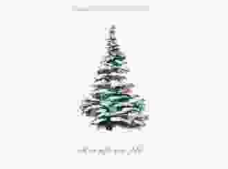 Geschäftliche Weihnachtskarte Wintertanne A6 Klappkarte hoch gruen mit dekoriertem Tannenbaum voll Schnee