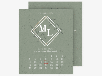 Save the Date-Kalenderblatt Greenletter Kalenderblatt-Karte gruen mit Initialen in elegantem Goldrahmen mit Blättern