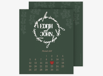 Klick: Details zu Save the Date-Kalenderblatt "Efeugrün" anzeigen Save the Date-Kalenderblatt Efeugrün Kalenderblatt-Karte gruen im Fantasy-Elfen-Design mit Efeu