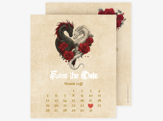 Save the Date-Kalenderblatt Drachenliebe Kalenderblatt-Karte beige mit schwarzem und weißem Drachen zu einem Herz verschlungen