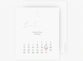 Klick: Details zu Save the Date-Kalenderblatt "Ankerliebe" anzeigen Save the Date-Kalenderblatt Ankerliebe Kalenderblatt-Karte weiss im minimalistischen maritimen Design mit Anker