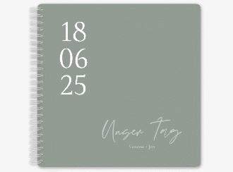 Klick: Details zu Gästebuch Hochzeit "Day" anzeigen Gästebuch Hochzeit Day Ringbindung gruen mit Datum im minimalistischen Design