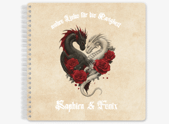 Gästebuch Hochzeit Drachenliebe Ringbindung beige mit schwarzem und weißem Drachen zu einem Herz verschlungen