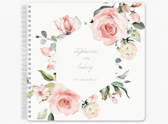 Klick: Details zu Gästebuch Hochzeit "Graceful" anzeigen Gästebuch Hochzeit Graceful Ringbindung weiss mit Rosenblüten in Rosa und Weiß