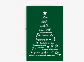 Klick: Details zu Geschäftliche Weihnachtskarte "Oh Tannenbaum" anzeigen Geschäftliche Weihnachtskarte Oh Tannenbaum A6 Karte hoch gruen mit Weihnachtsbaum aus Glückwünschen und Sternen