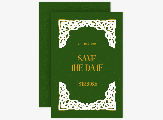 Klick: Details zu Save the Date-Karte "Celtic" anzeigen Save the Date-Karte Celtic A6 Karte hoch gruen mit keltischem Knoten in irischen Farben
