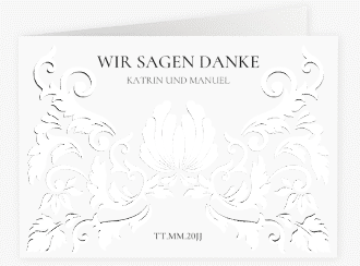 Klick: Details zu Danksagungskarte Hochzeit "Royal" anzeigen Danksagungskarte Hochzeit Royal A6 Klappkarte quer weiss mit barockem Blumen-Ornament