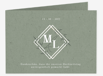 Danksagungskarte Hochzeit Greenletter A6 Klappkarte quer gruen mit Initialen in elegantem Goldrahmen mit Blättern