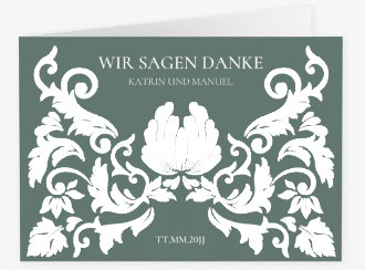 Klick: Details zu Danksagungskarte Hochzeit "Royal" anzeigen Danksagungskarte Hochzeit Royal A6 Klappkarte quer gruen mit barockem Blumen-Ornament