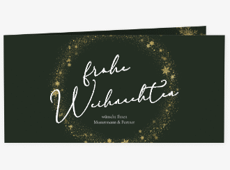 Klick: Details zu Geschäftliche Weihnachtskarte "Glitzerkranz" anzeigen Geschäftliche Weihnachtskarte Glitzerkranz lange Klappkarte quer gruen mit Kranz aus Eiskristallen und eleganter Aufschrift frohe Weihnachten