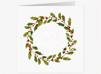 Weihnachtskarte Weihnachtskranz quadr. Klappkarte weiss mit Kranz aus Stechpalme
