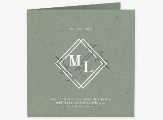 Hochzeitseinladung Greenletter quadr. Klappkarte gruen mit Initialen in elegantem Goldrahmen mit Blättern