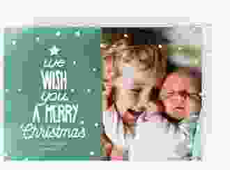 Weihnachtskarte Schneeglitzern A6 Postkarte gruen mit Aquarellfarbe und Kinderfoto