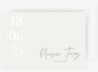 Klick: Details zu Antwortkarte Hochzeit "Day" anzeigen Antwortkarte Hochzeit Day A6 Postkarte weiss mit Datum im minimalistischen Design