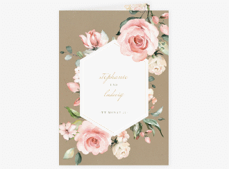 Klick: Details zu Menükarte Hochzeit "Graceful" anzeigen Menükarte Hochzeit Graceful A5 Klappkarte hoch Kraftpapier mit Rosenblüten in Rosa und Weiß