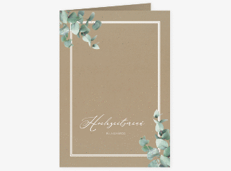 Klick: Details zu Menükarte Hochzeit "Eucalypt" anzeigen Menükarte Hochzeit Eucalypt A5 Klappkarte hoch Kraftpapier mit Eukalyptus und edlem Rahmen