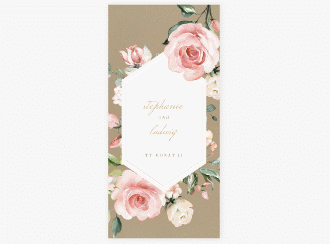 Klick: Details zu Tagesablauf Hochzeit "Graceful" anzeigen Tagesablauf Hochzeit Graceful lange Karte hoch Kraftpapier mit Rosenblüten in Rosa und Weiß