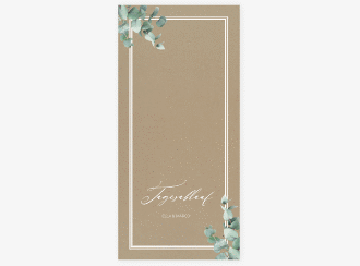 Klick: Details zu Tagesablauf Hochzeit "Eucalypt" anzeigen Tagesablauf Hochzeit Eucalypt lange Karte hoch Kraftpapier mit Eukalyptus und edlem Rahmen