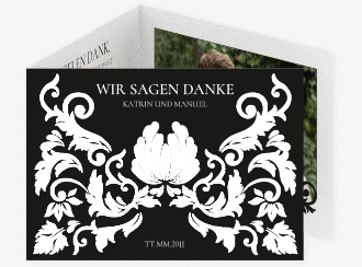 Klick: Details zu Danksagungskarte "Royal" anzeigen Danksagungskarte Royal A6 Doppel-Klappkarte schwarz mit barockem Blumen-Ornament