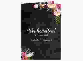 Einladungskarte Hochzeit Flowers A6 Klappkarte hoch schwarz mit bunten Aquarell-Blumen