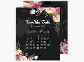 Save the Date-Kalenderblatt Flowers Kalenderblatt-Karte schwarz mit bunten Aquarell-Blumen