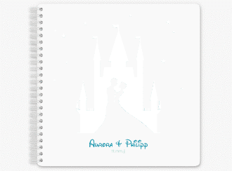 Gästebuch Hochzeit Castle Ringbindung tuerkis mit Silhouette von Märchenschloss mit Prinz und Prinzessin