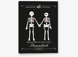 Klick: Details zu Stammbuch A5 "Bones" anzeigen Stammbuch A5 Bones Stammbuch A5 schwarz mit Skelett-Ehepaar im Cartoon-Stil