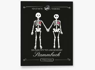 Klick: Details zu Stammbuch A4 "Bones" anzeigen Stammbuch A4 Bones Stammbuch A4 schwarz mit Skelett-Ehepaar im Cartoon-Stil