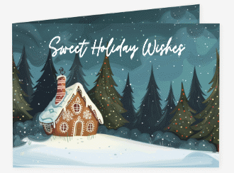 Weihnachtskarte Knusperhaus A6 Klappkarte quer tuerkis mit Lebkuchenhaus im Winterwald