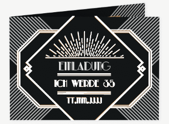 Einladung Geburtstag Glamour A6 Klappkarte quer schwarz im Art Déco Stil der 20er Jahre