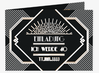 Einladung 40. Geburtstag Glamour A6 Klappkarte quer schwarz im Jugendstil-Design