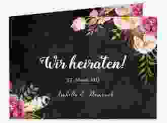 Hochzeitseinladung Flowers A6 Klappkarte quer schwarz mit bunten Aquarell-Blumen