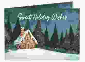 Geschäftliche Weihnachtskarte Lebkuchenhaus A6 Klappkarte quer tuerkis mit märchenhaftem Winterwald bei Nacht