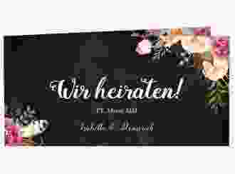 Hochzeitseinladung Flowers lange Klappkarte quer schwarz mit bunten Aquarell-Blumen