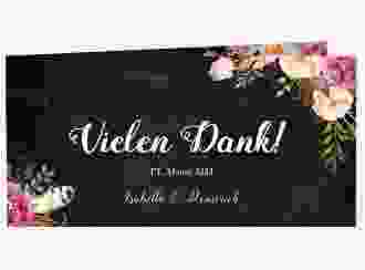 Danksagungskarte Hochzeit Flowers lange Klappkarte quer schwarz mit bunten Aquarell-Blumen