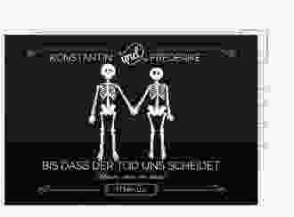 Save the Date-Postkarte Bones A6 Postkarte schwarz witzig mit Skelett-Brautpaar