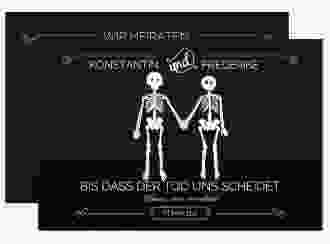 Save the Date-Karte Bones A6 Karte quer schwarz lustig mit Skelett-Brautpaar