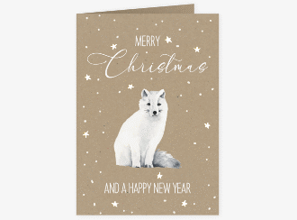 Weihnachtskarte Winterwunderland A6 Klappkarte hoch Kraftpapier mit Polarfuchs und Kraftpapier-Optik