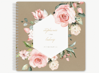 Klick: Details zu Gästebuch Hochzeit "Graceful" anzeigen Gästebuch Hochzeit Graceful Ringbindung Kraftpapier mit Rosenblüten in Rosa und Weiß