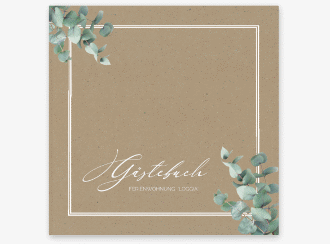 Gästebuch Creation Ferienwohnung Loggia 20 x 20 cm, Hardcover Kraftpapier mit Eukalyptus-Zweigen