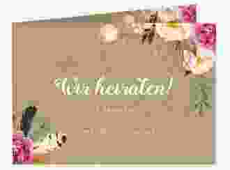 Hochzeitseinladung Flowers A6 Klappkarte quer Kraftpapier mit bunten Aquarell-Blumen