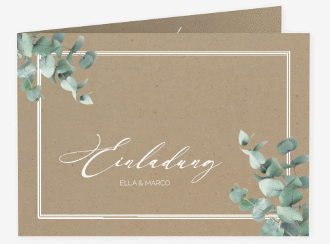Klick: Details zu Hochzeitseinladung "Eucalypt" anzeigen Hochzeitseinladung Eucalypt A6 Klappkarte quer Kraftpapier mit Eukalyptus und edlem Rahmen