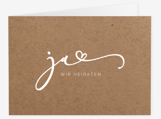 Klick: Details zu Hochzeitseinladung "Jawort" anzeigen Hochzeitseinladung Jawort A6 Klappkarte quer Kraftpapier modern minimalistisch mit veredelter Aufschrift