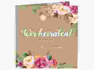 Hochzeitseinladung Flowers quadr. Klappkarte Kraftpapier mit bunten Aquarell-Blumen