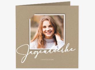 Danksagung Jugendweihe Santo quadr. Klappkarte Kraftpapier in Kraftpapier-Optik mit Foto